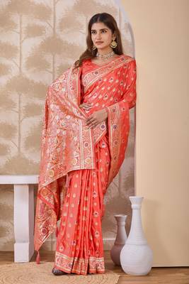 Coral zari & thread work satin designer saree for women with blouse 4