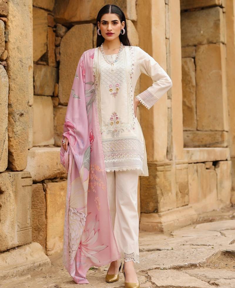 Cream smart readymade fancy graceful suit 