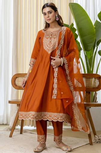 Rust silk blend fabric embroidered work fancy kurta set