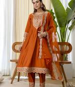 Rust silk blend fabric embroidered work fancy kurta set