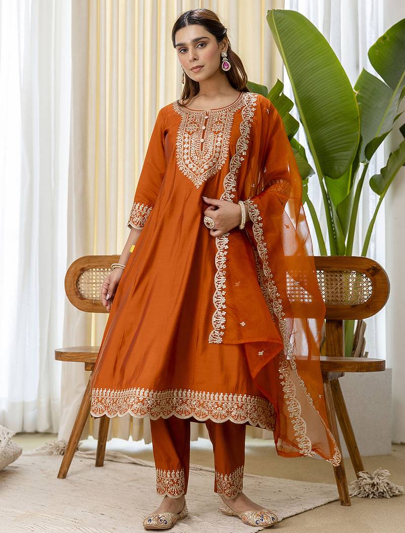 Rust silk blend fabric embroidered work fancy kurta set