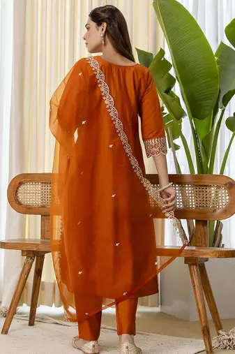 Rust silk blend fabric embroidered work fancy kurta set
