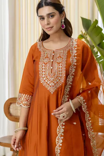 Rust silk blend fabric embroidered work fancy kurta set