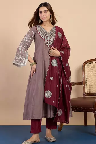Grey silk blend fabric embroidered work fancy kurta set