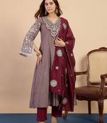Grey silk blend fabric embroidered work fancy kurta set