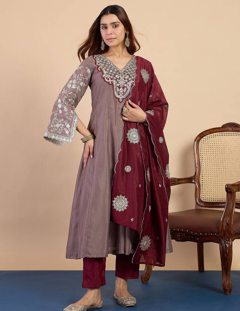 Grey silk blend fabric embroidered work fancy kurta set