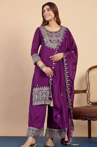 Purple silk blend fabric embroidered work fancy kurta set