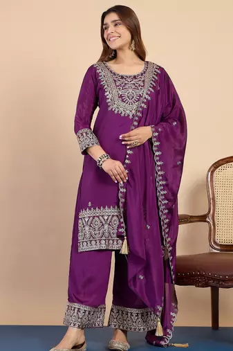 Purple silk blend fabric embroidered work fancy kurta set