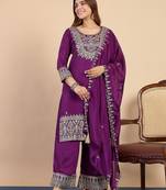 Purple silk blend fabric embroidered work fancy kurta set
