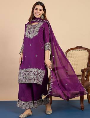 Purple silk blend fabric embroidered work fancy kurta set 2
