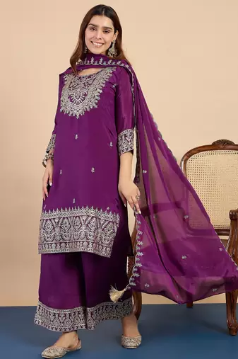 Purple silk blend fabric embroidered work fancy kurta set