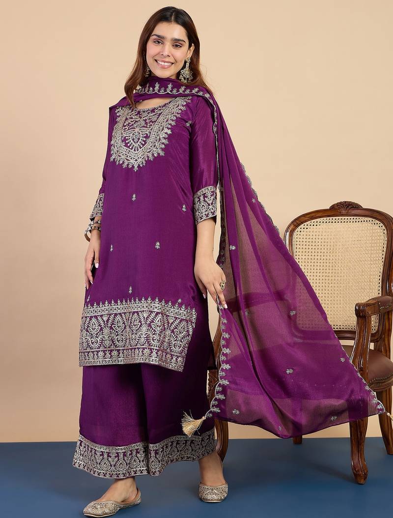 Purple silk blend fabric embroidered work fancy kurta set