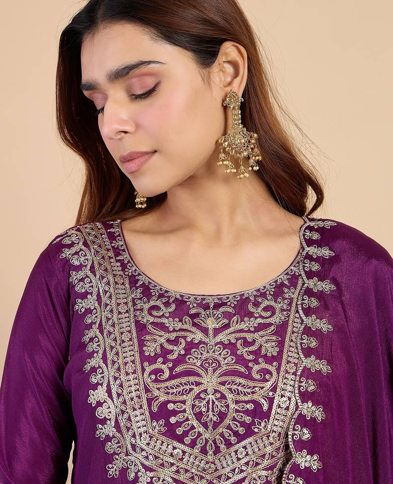 Purple silk blend fabric embroidered work fancy kurta set