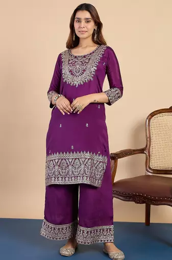 Purple silk blend fabric embroidered work fancy kurta set