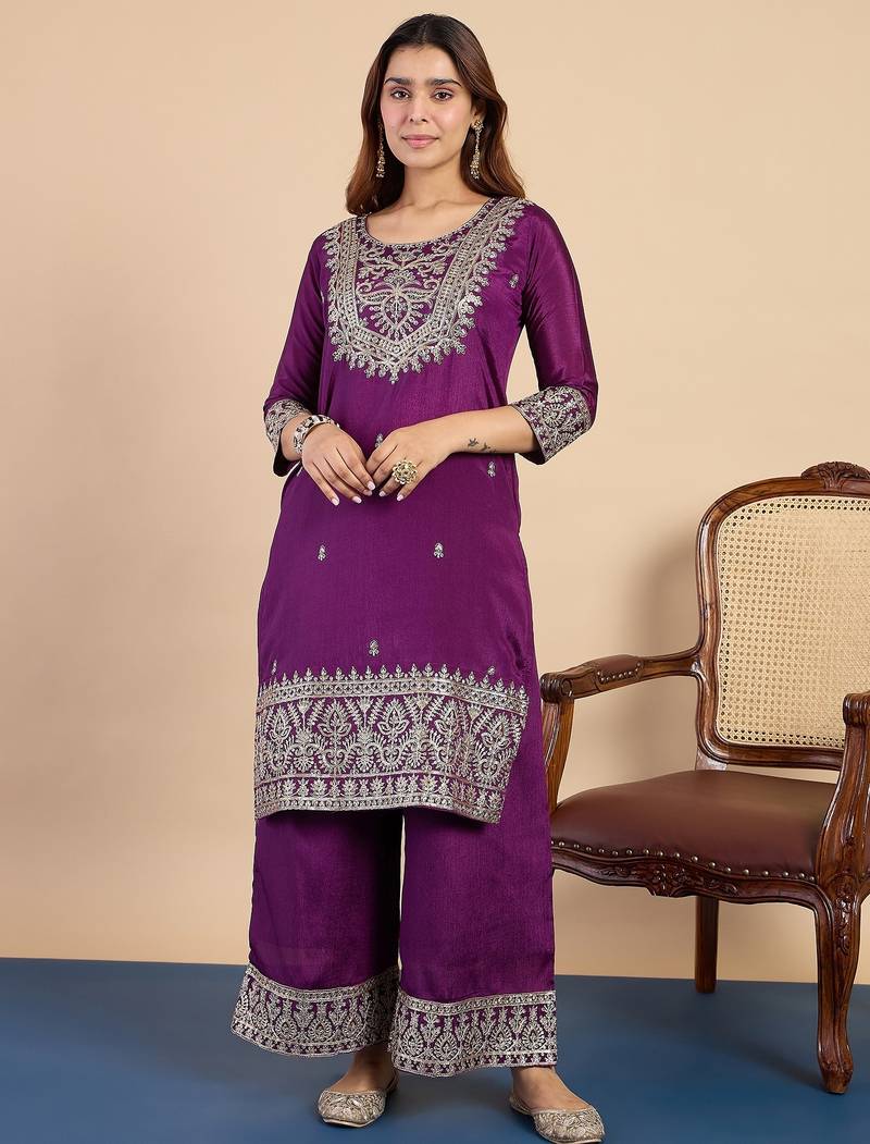 Purple silk blend fabric embroidered work fancy kurta set