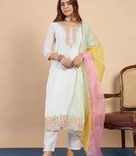 Off white silk blend fabric embroidered work fancy kurta set