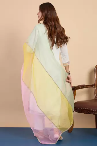 Off white silk blend fabric embroidered work fancy kurta set