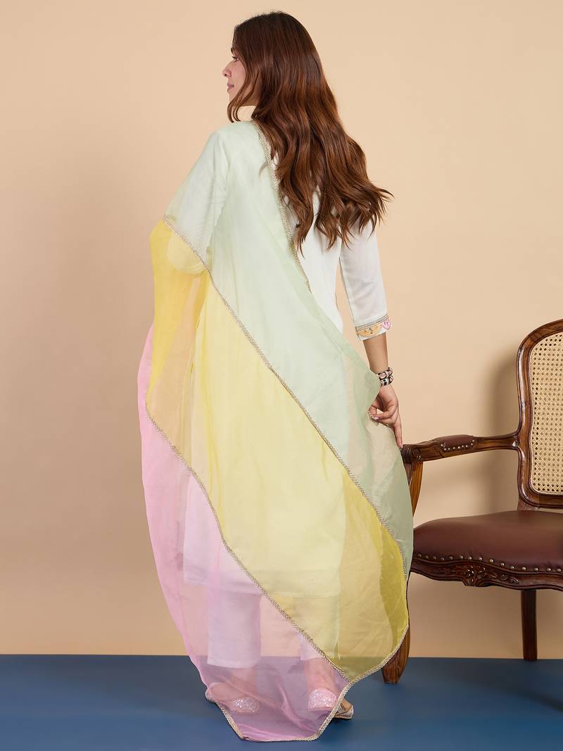 Off white silk blend fabric embroidered work fancy kurta set