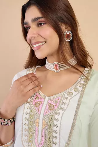 Off white silk blend fabric embroidered work fancy kurta set