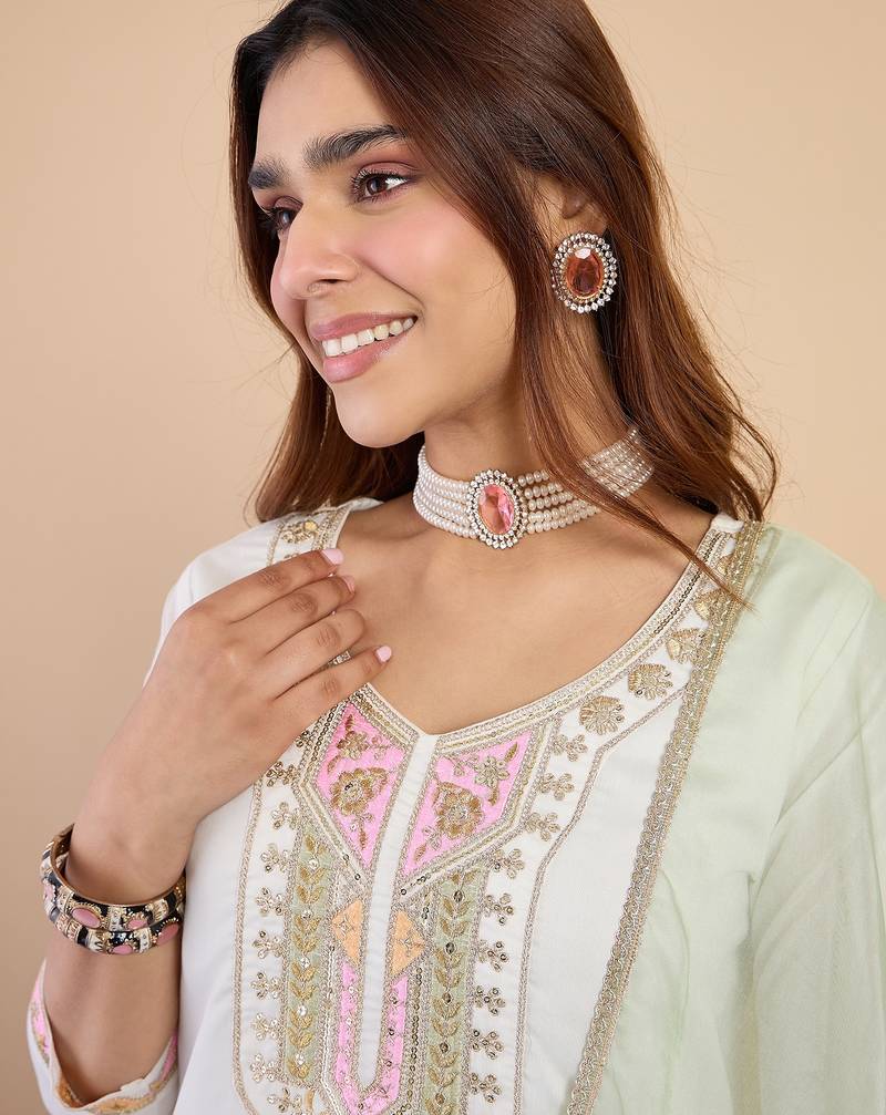 Off white silk blend fabric embroidered work fancy kurta set
