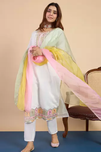 Off white silk blend fabric embroidered work fancy kurta set