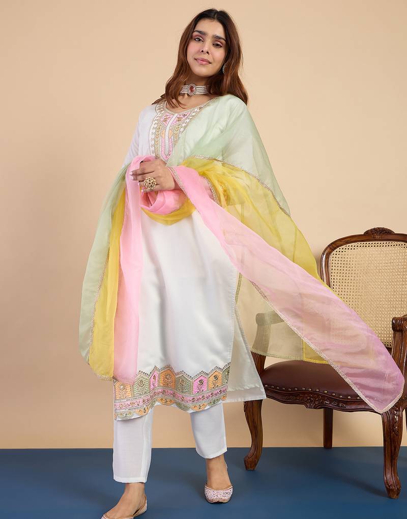 Off white silk blend fabric embroidered work fancy kurta set