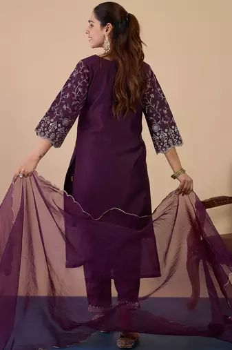 Wine silk blend fabric embroidered work fancy kurta set