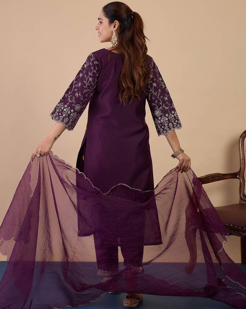 Wine silk blend fabric embroidered work fancy kurta set