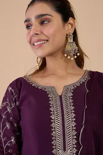 Wine silk blend fabric embroidered work fancy kurta set