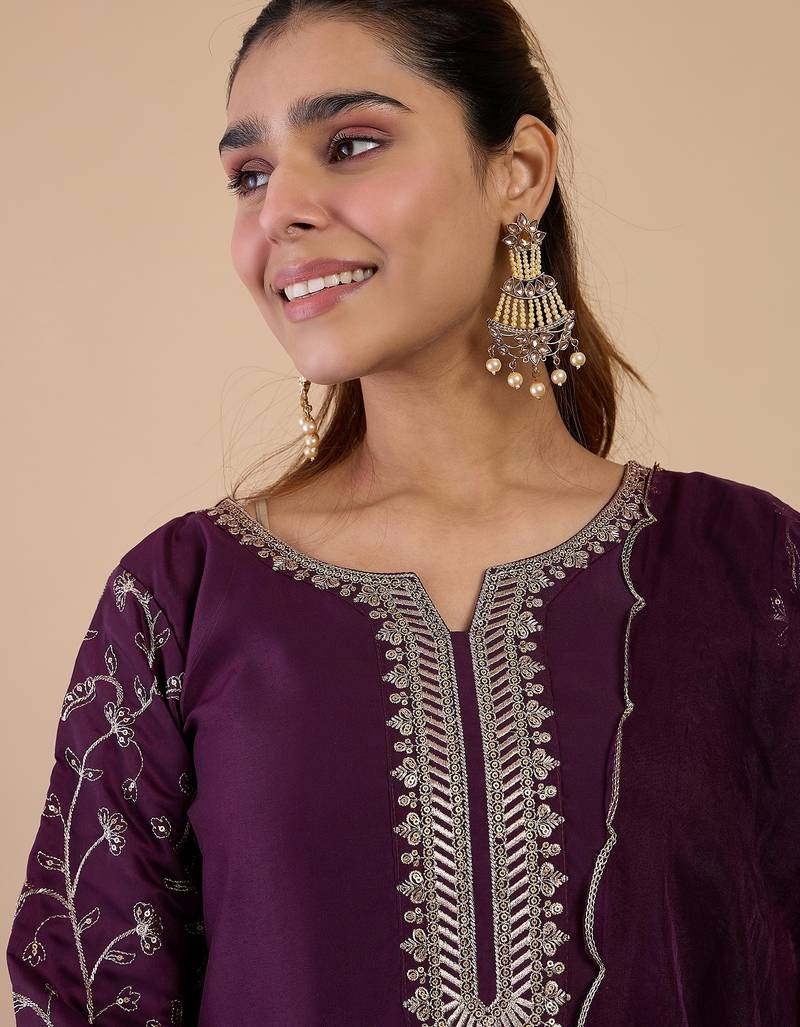 Wine silk blend fabric embroidered work fancy kurta set