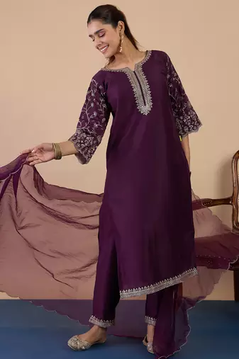 Wine silk blend fabric embroidered work fancy kurta set