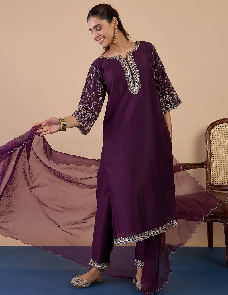 Wine silk blend fabric embroidered work fancy kurta set