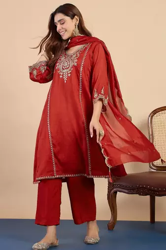 Rust silk blend fabric embroidered work fancy kurta set