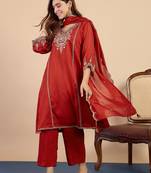Rust silk blend fabric embroidered work fancy kurta set
