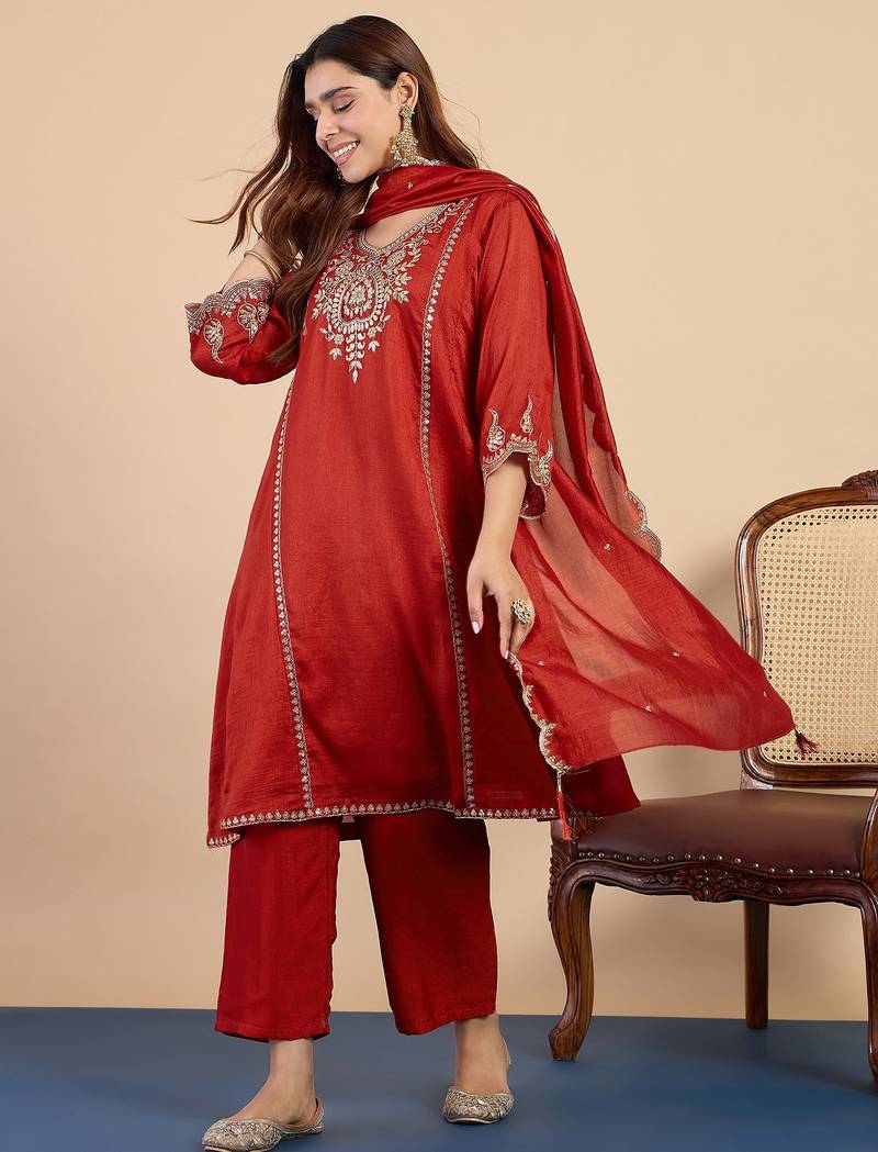 Rust silk blend fabric embroidered work fancy kurta set