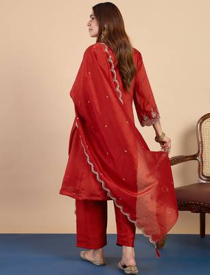 Rust silk blend fabric embroidered work fancy kurta set 2