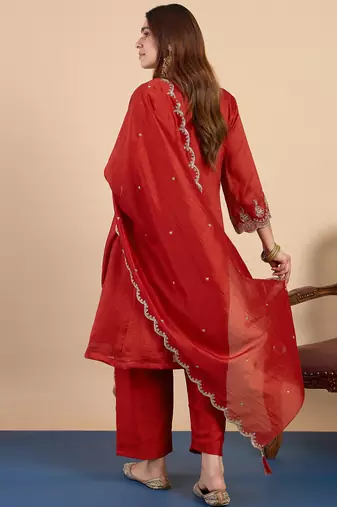 Rust silk blend fabric embroidered work fancy kurta set