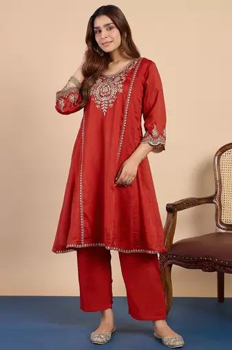 Rust silk blend fabric embroidered work fancy kurta set