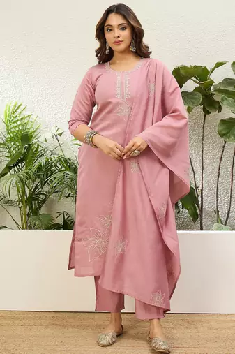 Baby pink roman silk fabric embroidered work fancy kurta set