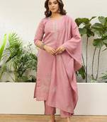 Baby pink roman silk fabric embroidered work fancy kurta set