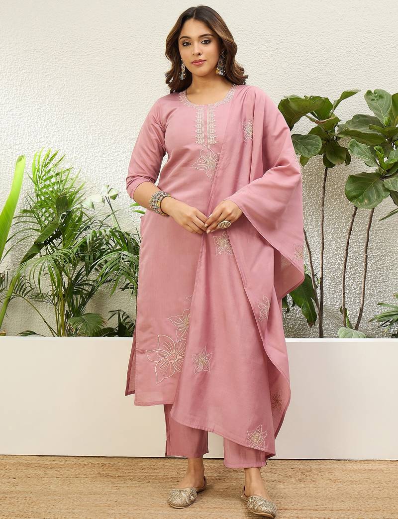 Baby pink roman silk fabric embroidered work fancy kurta set