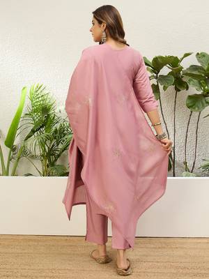 Baby pink roman silk fabric embroidered work fancy kurta set 2