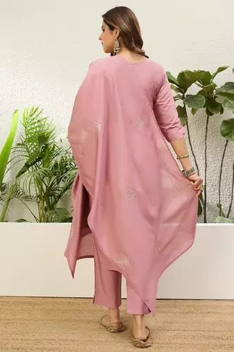 Baby pink roman silk fabric embroidered work fancy kurta set