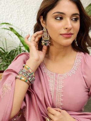 Baby pink roman silk fabric embroidered work fancy kurta set 3