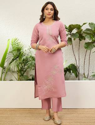 Baby pink roman silk fabric embroidered work fancy kurta set 4