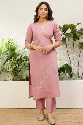 Baby pink roman silk fabric embroidered work fancy kurta set