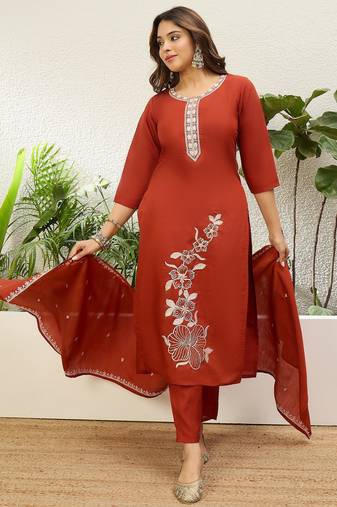 Rust roman silk fabric embroidered work fancy kurta set