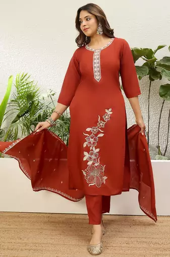 Rust roman silk fabric embroidered work fancy kurta set