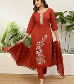 Rust roman silk fabric embroidered work fancy kurta set