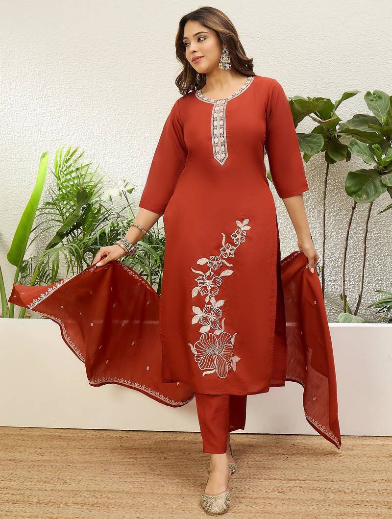Rust roman silk fabric embroidered work fancy kurta set